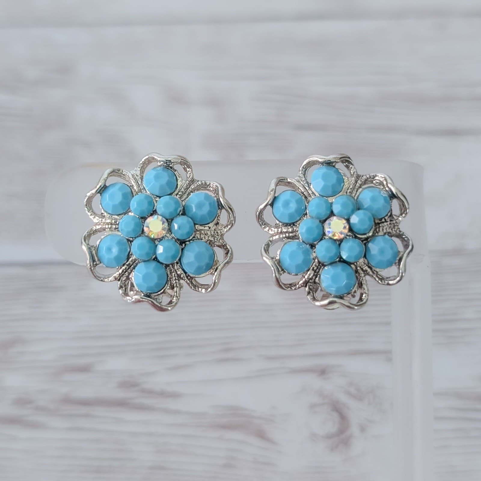 Vintage Clip On Earrings Large Turquoise Tone & Silver Tone Flower Whimsical