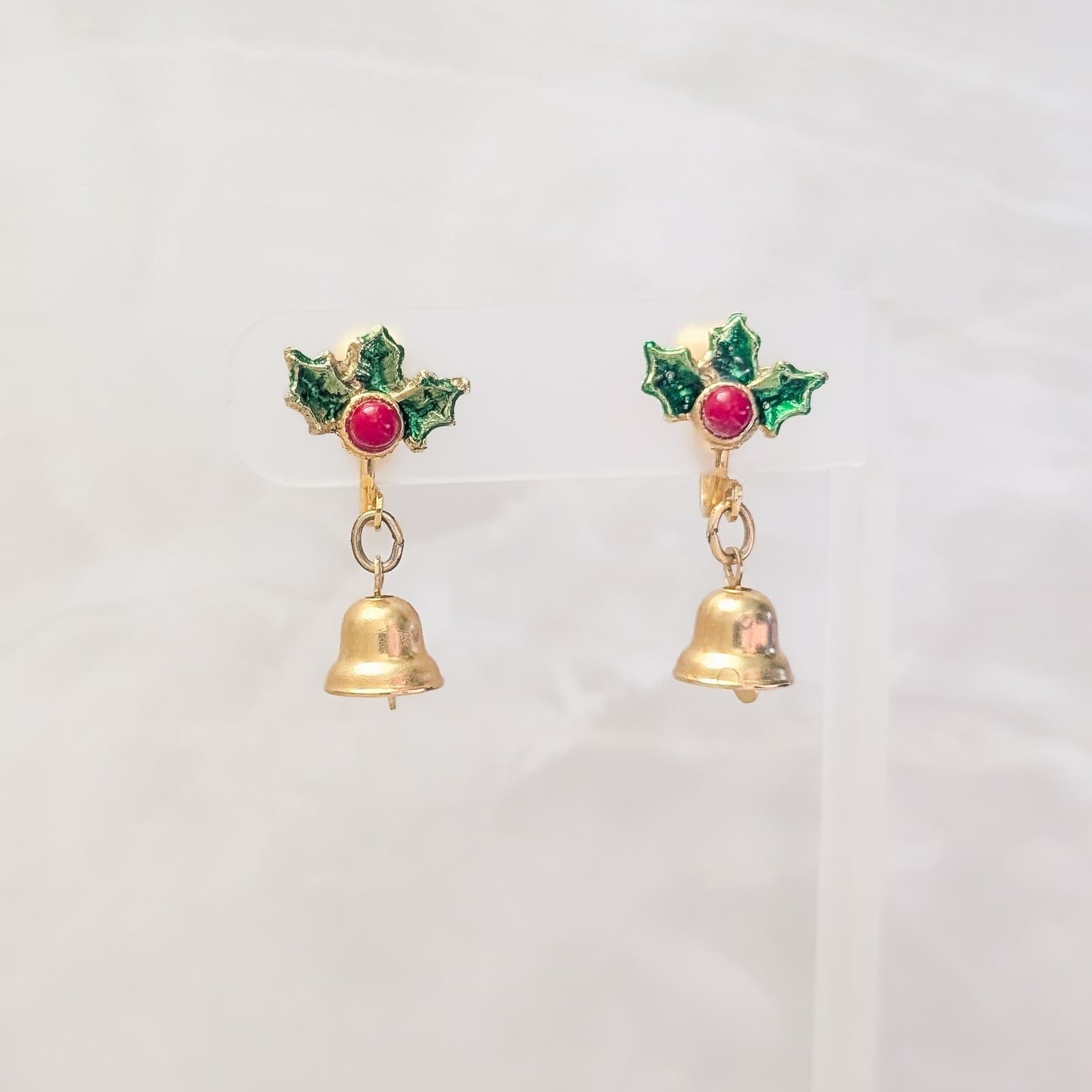 Vintage Clip On Earrings Holly with Bell Gold Tone Christmas Festive