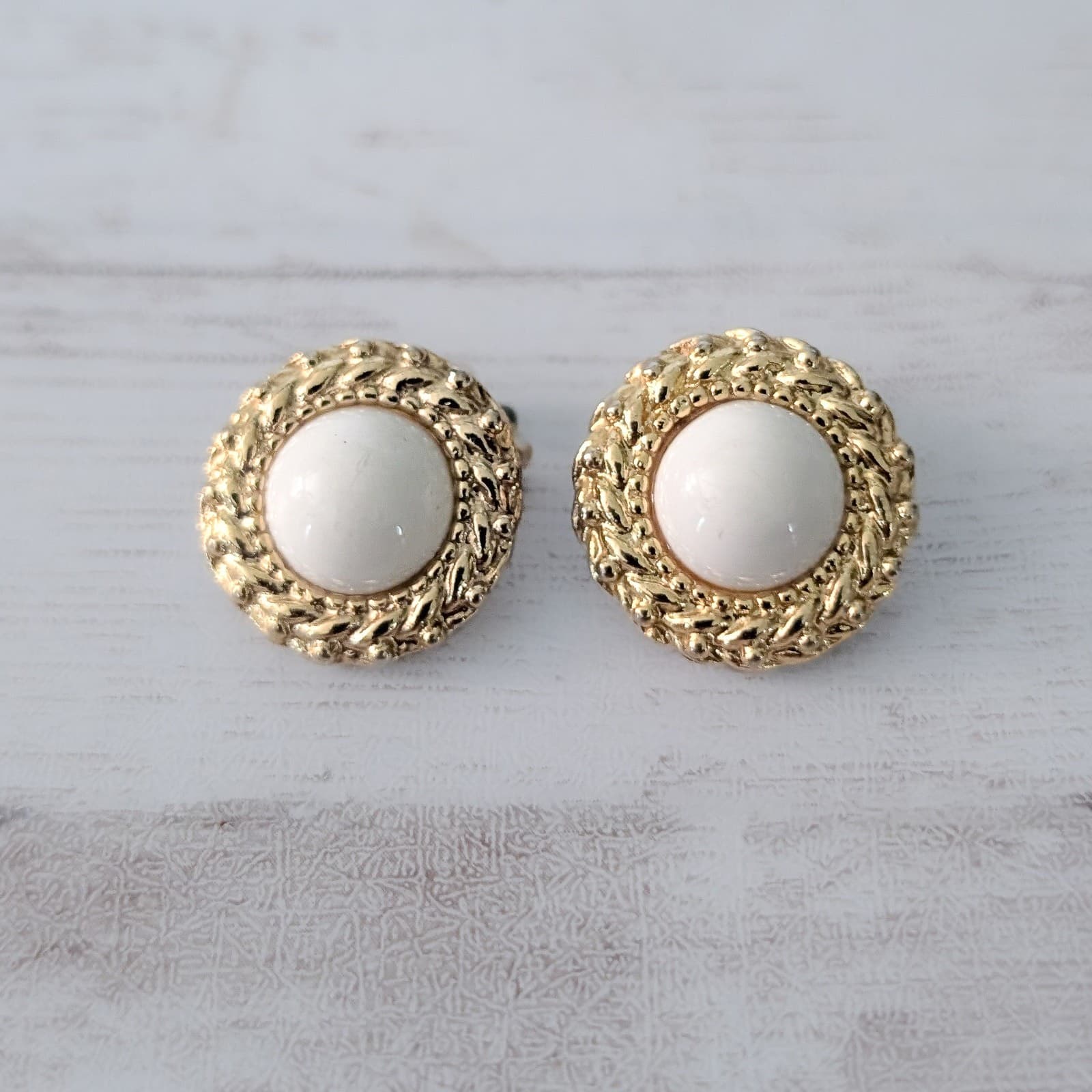 Vintage Clip On Earrings Domed White with Chunky Gold Tone Halo Just Over 5/8"