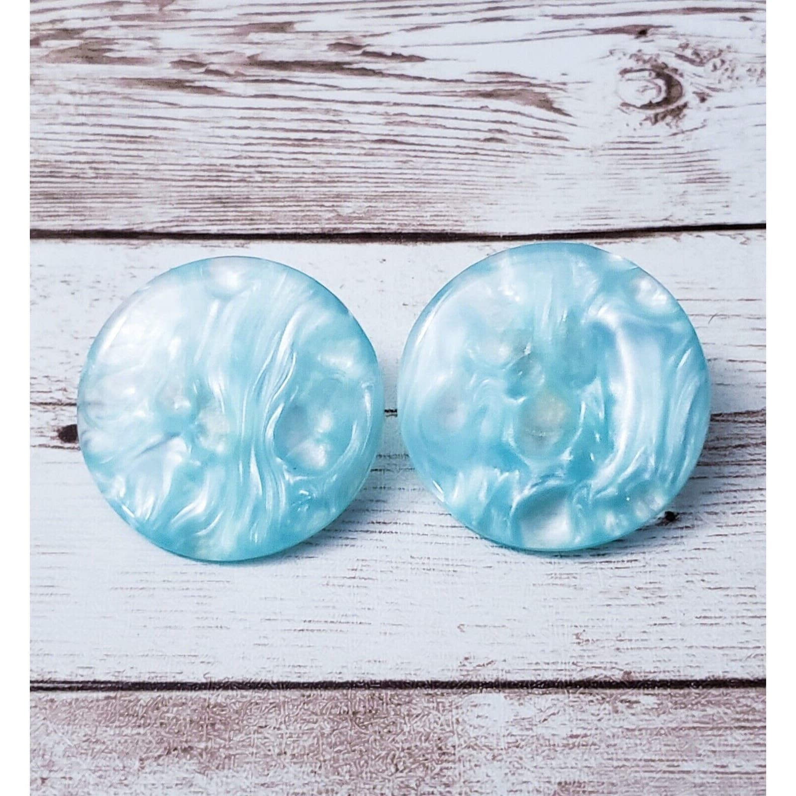 Vintage Clip On Earrings - Large Swirly Light Blue Circle Just Over 1.25"
