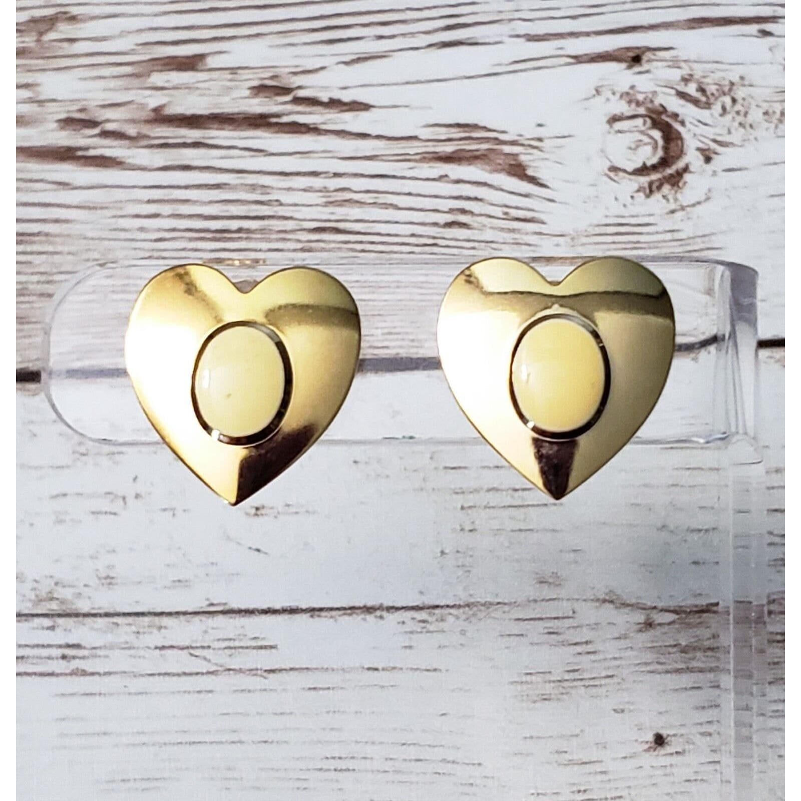 Vintage Clip On Earrings - Gold Tone Heart with Cream Center 7/8"