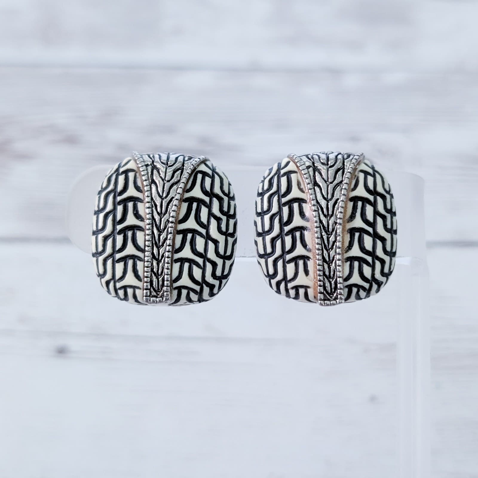 Vintage Clip On Earrings 1" Stylish Cream with Black & Silver Tone Design