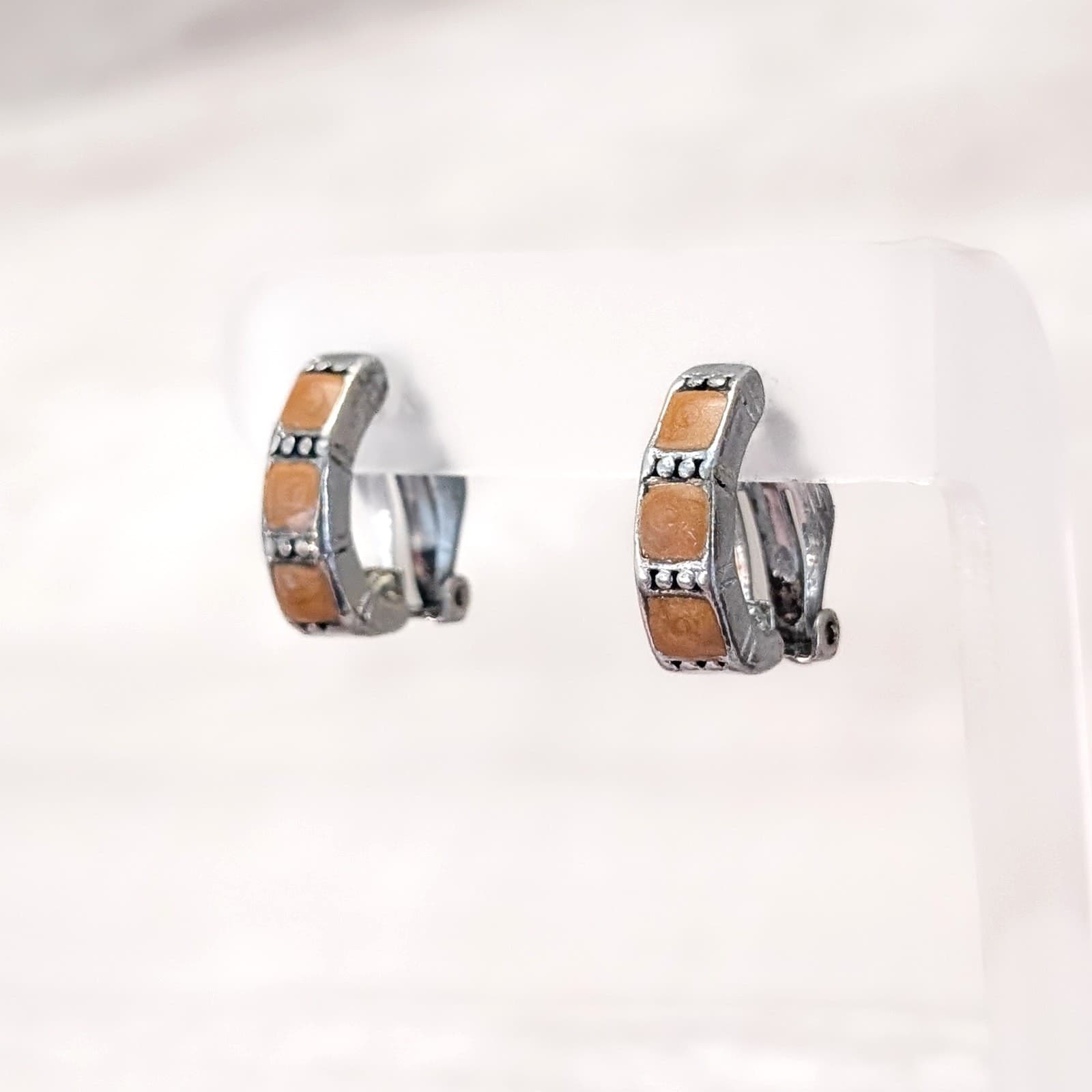 Vintage Clip On Earrings Half Hoop Burnt Orange Enamel with Silver Tone 7/8"