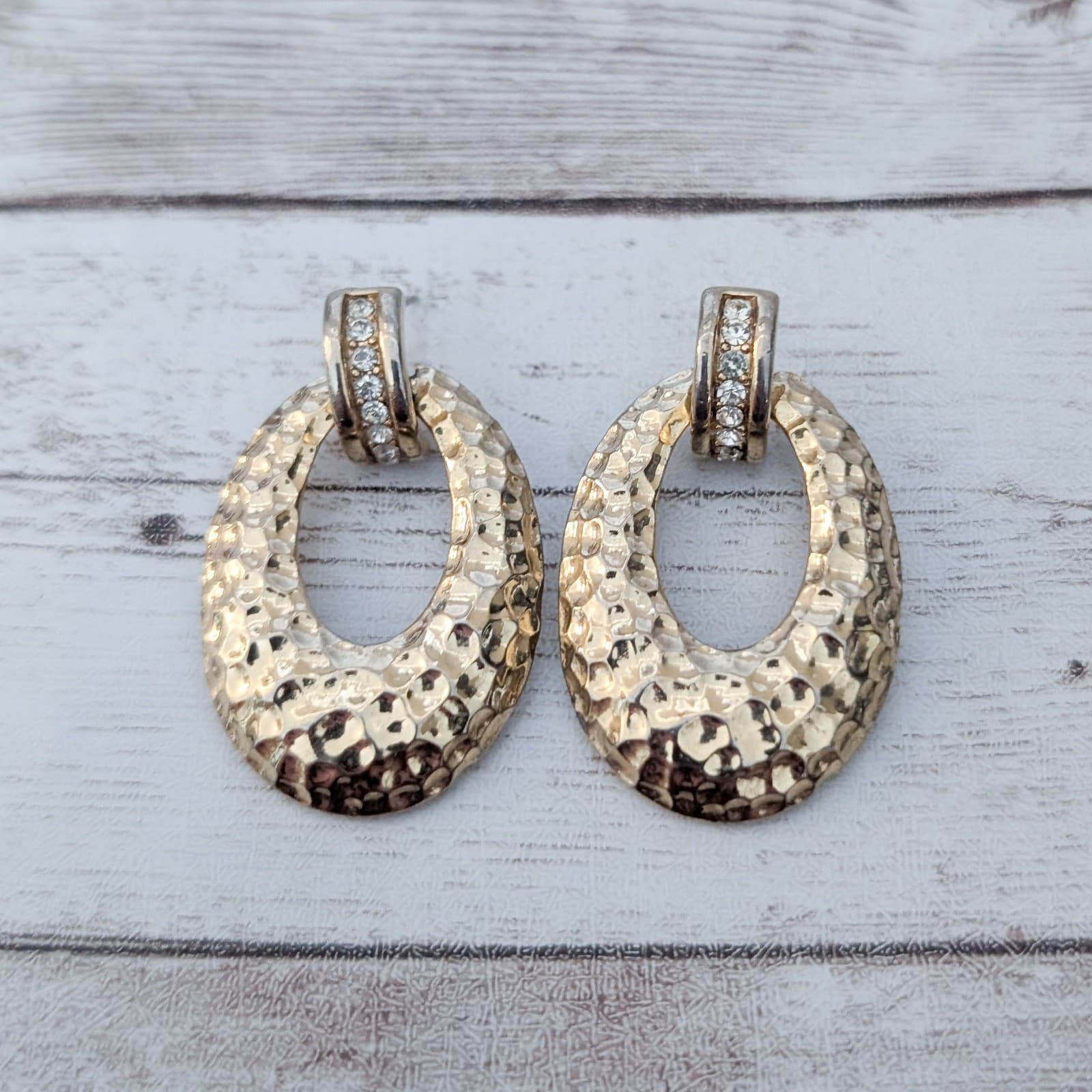 Vintage Stud Earrings Statement Gold Tone Hammered Design with Clear Gems