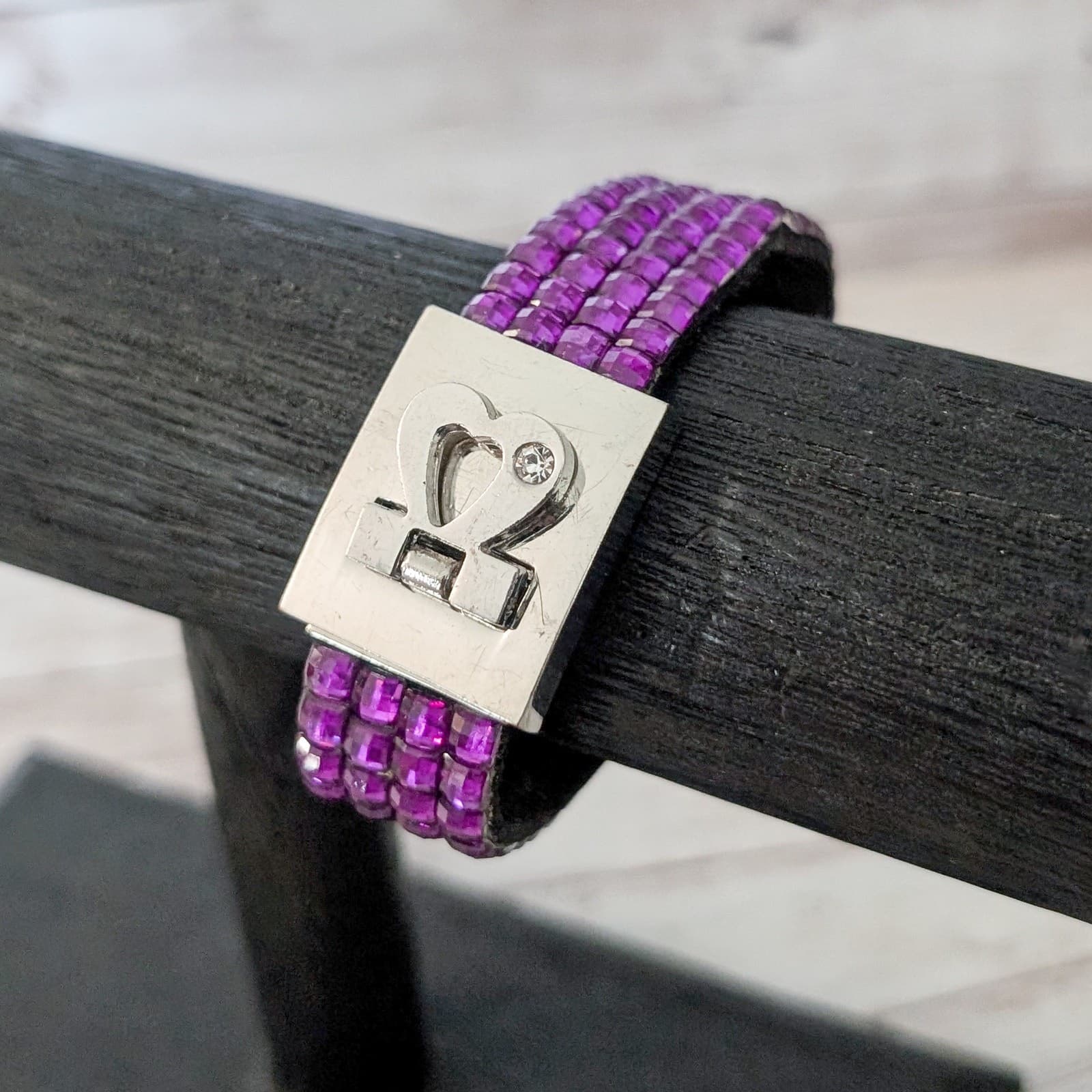 Purple Gem & Silver Tone Heart Bracelet