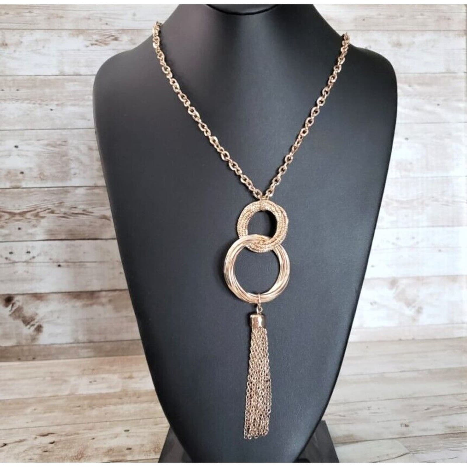 Vintage Necklace - Very Long Warm Gold Tone Double Circle Statement Necklace