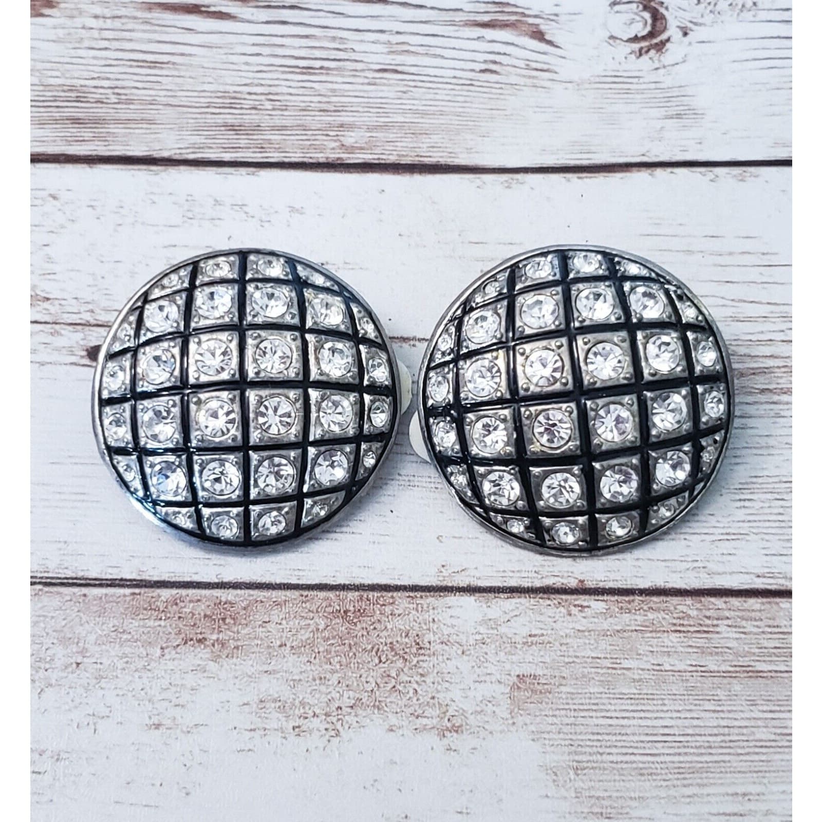Vintage Clip On Earrings - Very Large Statement Clear Gems with Black Lines