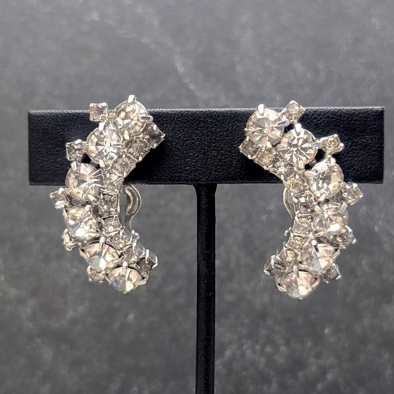 Vintage Clip On Earrings Large Curved Silver Tone & Clear Gems - Statement Glam
