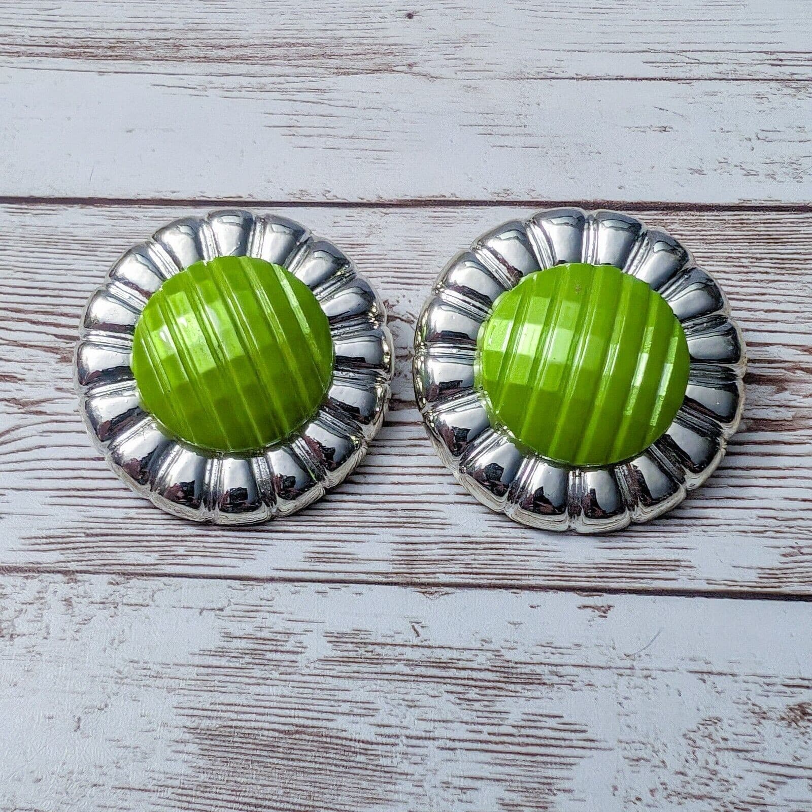 Vintage Clip On Earrings - 1 & 5/8" Silver Tone & Green with Design Large