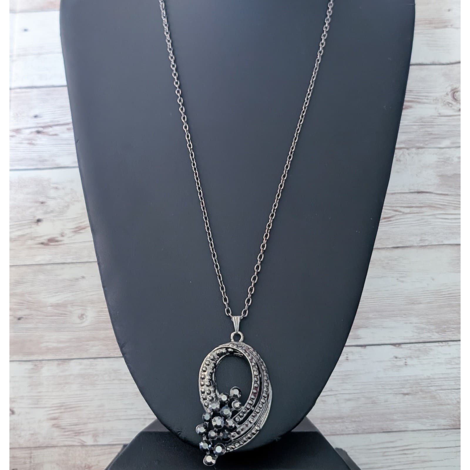 Vintage Necklace - Statement Grey Pendant Necklace - Long Chain