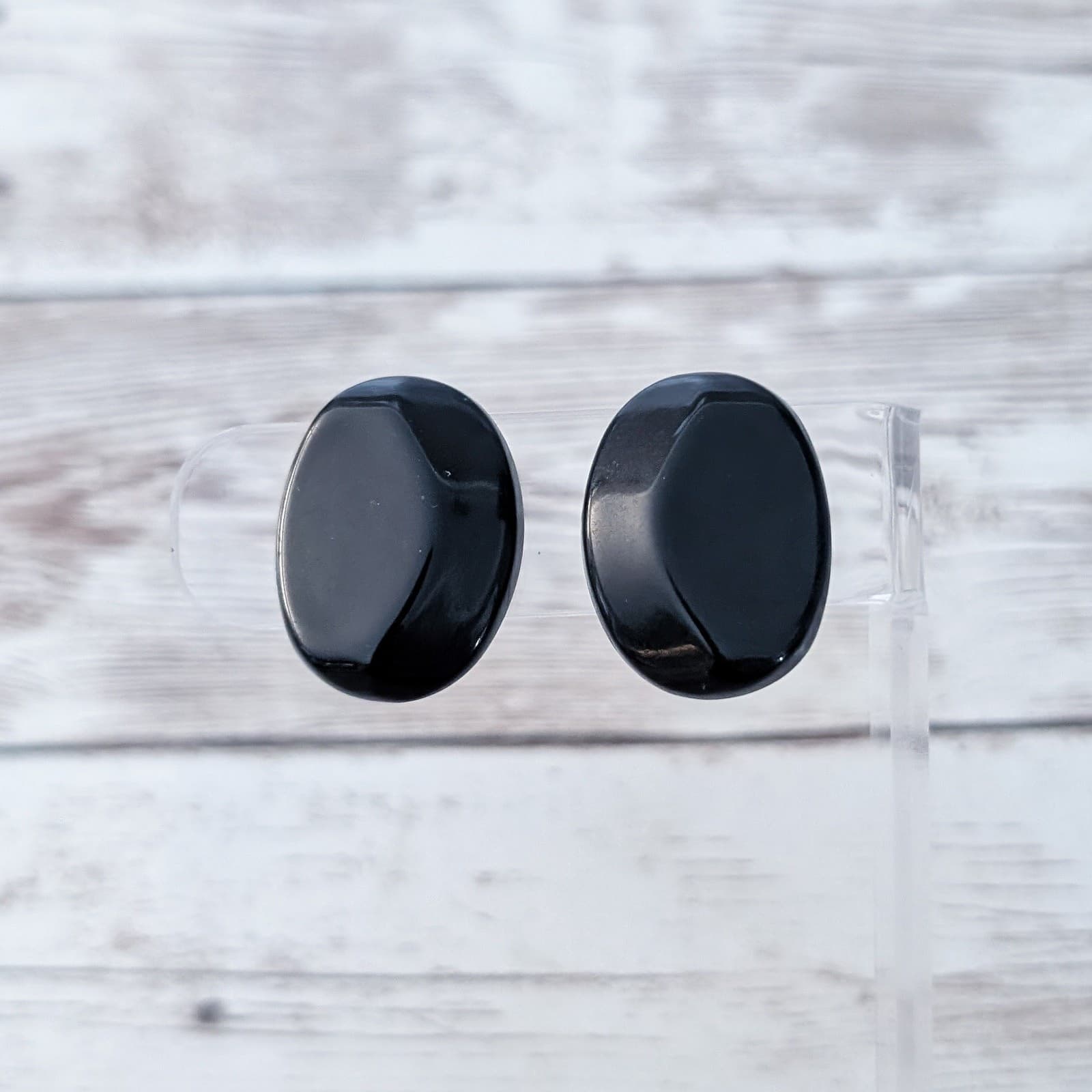 Vintage Clip On Earrings Black Creased Oval Retro Statement Large