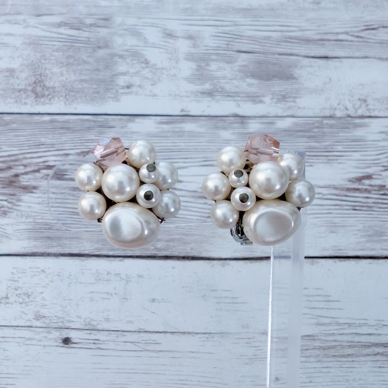 Vintage Clip On Earrings Faux Pearl & Pink Bead Cluster