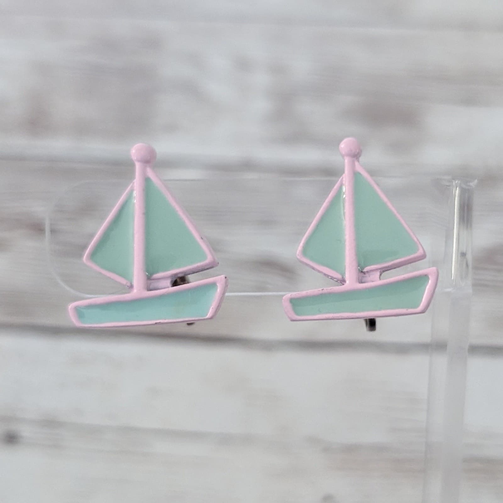 Vintage Clip On Earrings Large Sailboats Pastel Tone Retro