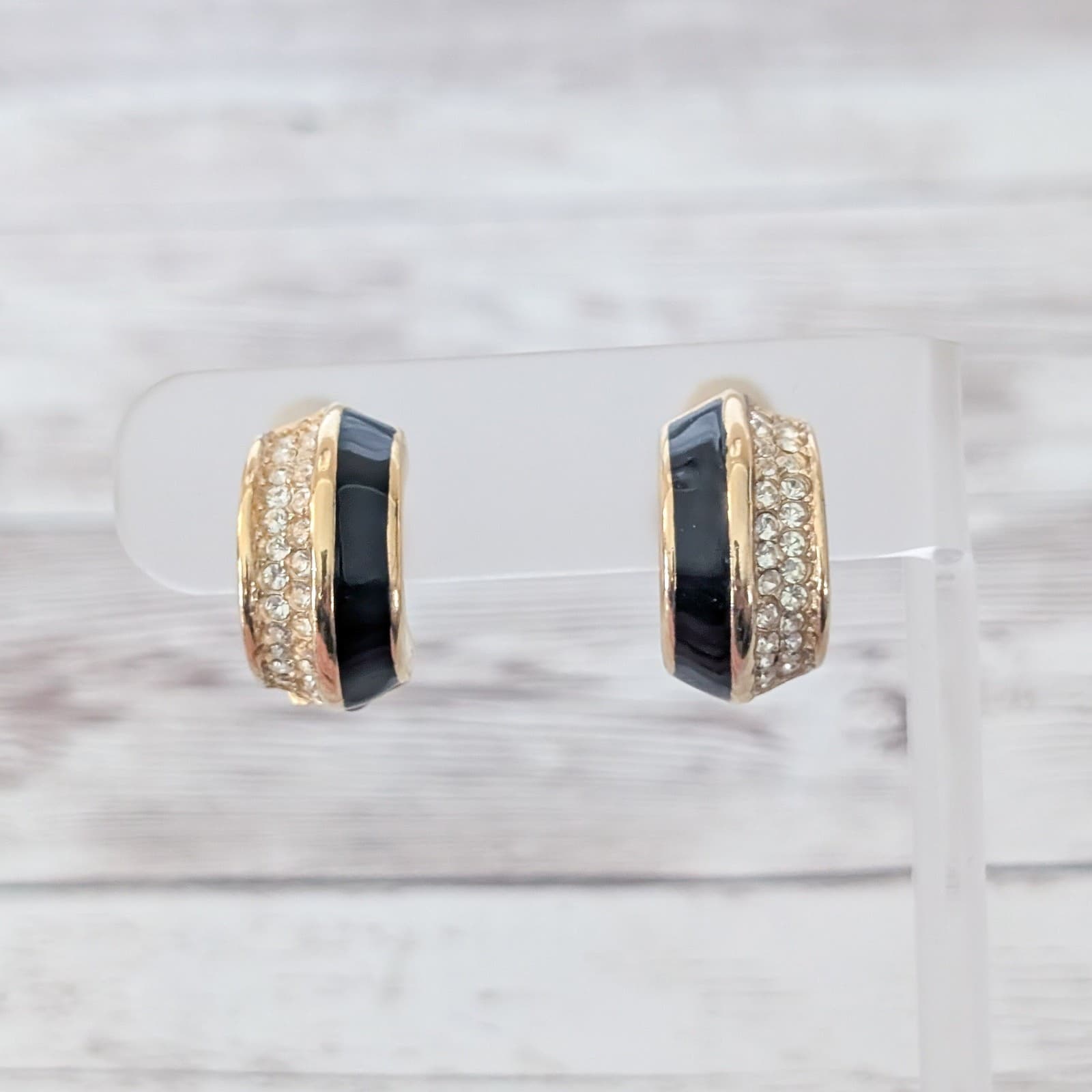 Vintage Clip On Earrings Statement Gold Tone Hoops Black Enamel & Clear Gems