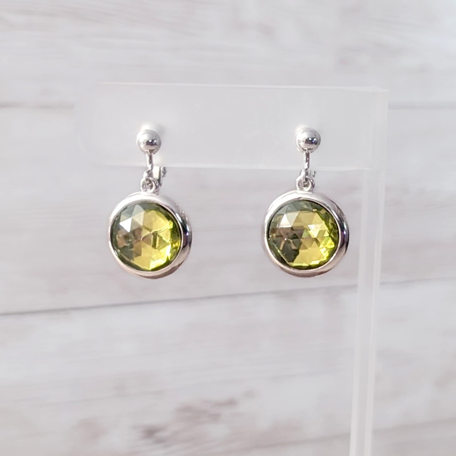 Vintage Clip On Earrings Silver Tone with Green Center Dangle