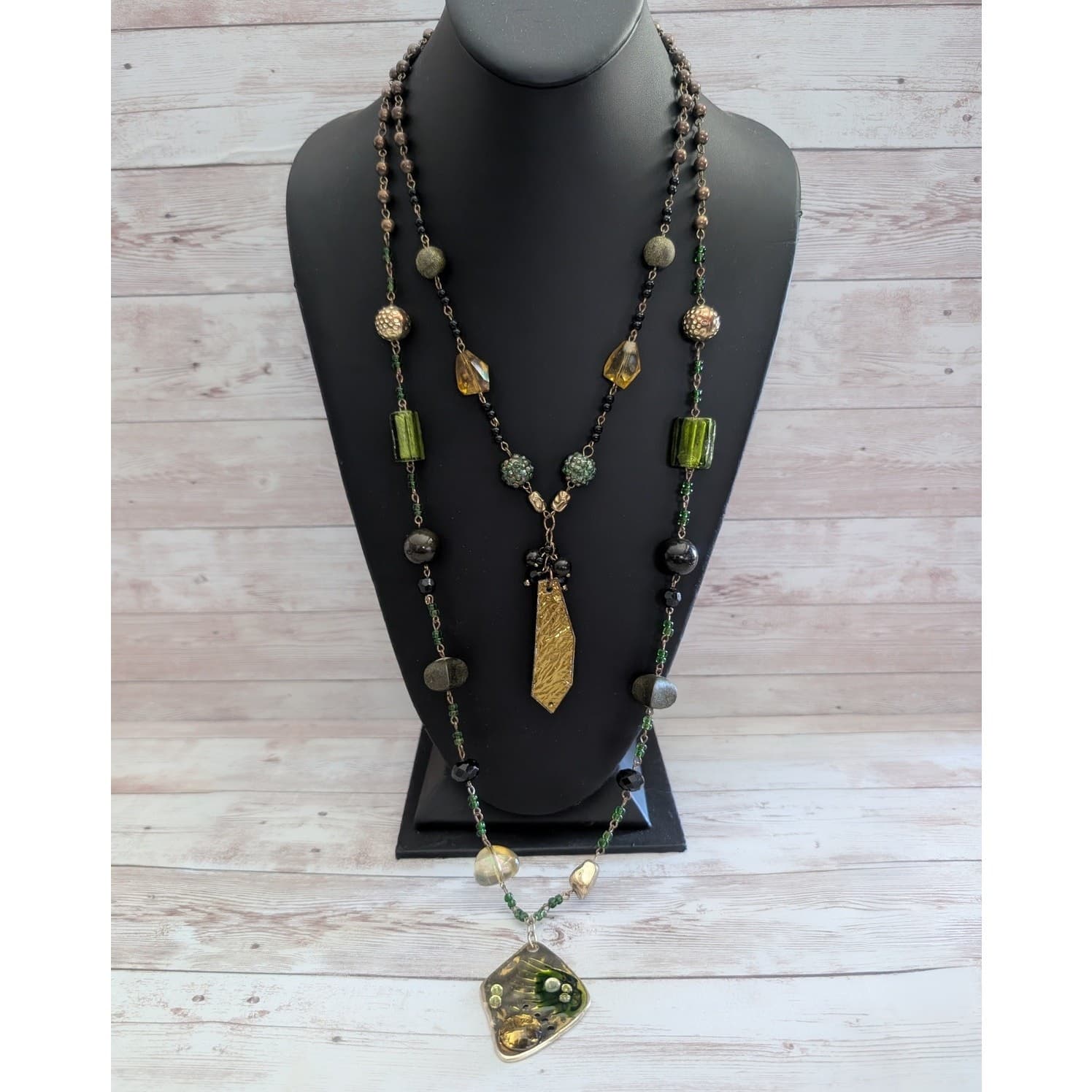 Vintage Necklace Gold Tone & Green Very Long Double Strand Statement