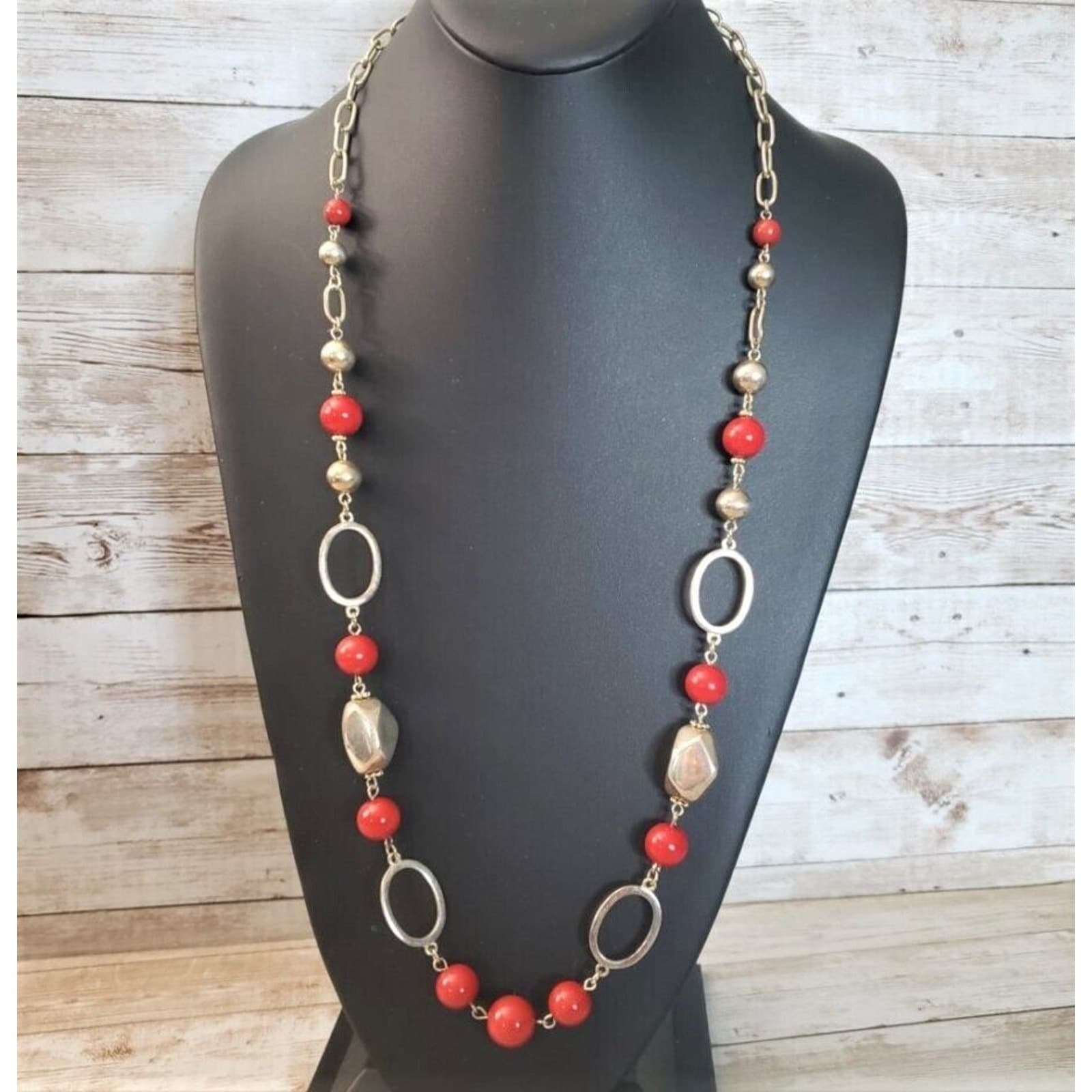 Vintage Necklace Long Gold Tone & Red Statement Necklace