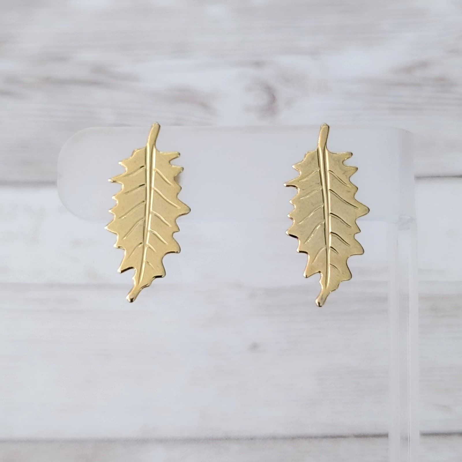 Vintage Clip On Earrings Shiny Gold Tone Leaf - Just Under 1.25"'