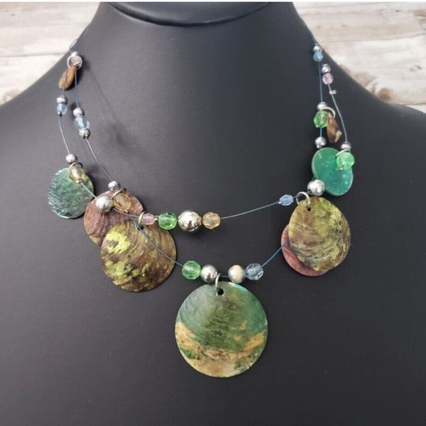 Vintage Necklace - Green & Brown Tone Circles On Wire