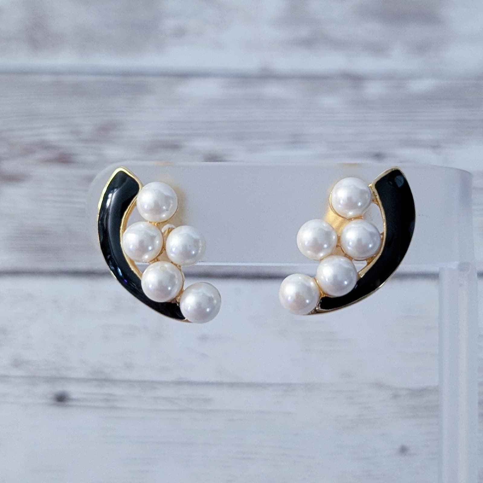 Vintage Marvella Clip On Earrings Black Enamel, Faux Pearl, Gold Tone