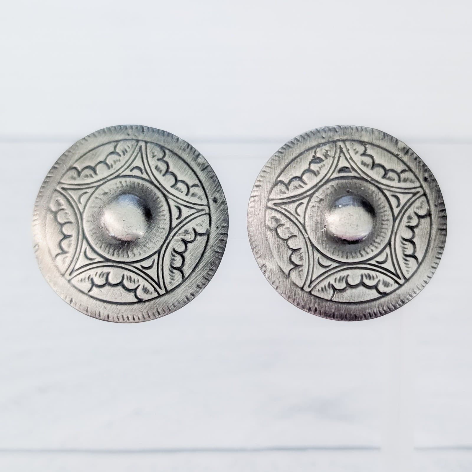 Vintage Clip On Earrings Large Statement Dark Silver Tone Patterned Circle