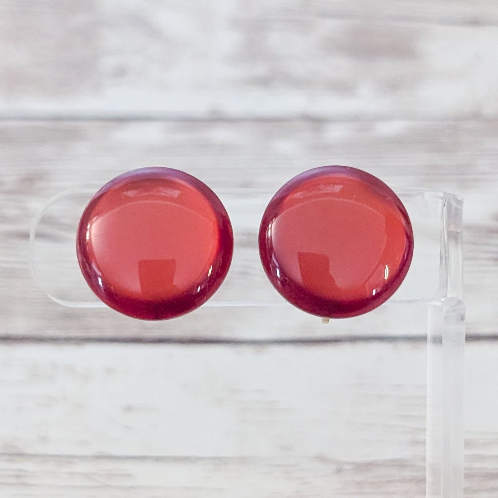 Vintage Clip On Earrings Shiny Red Circle 0.75" Retro