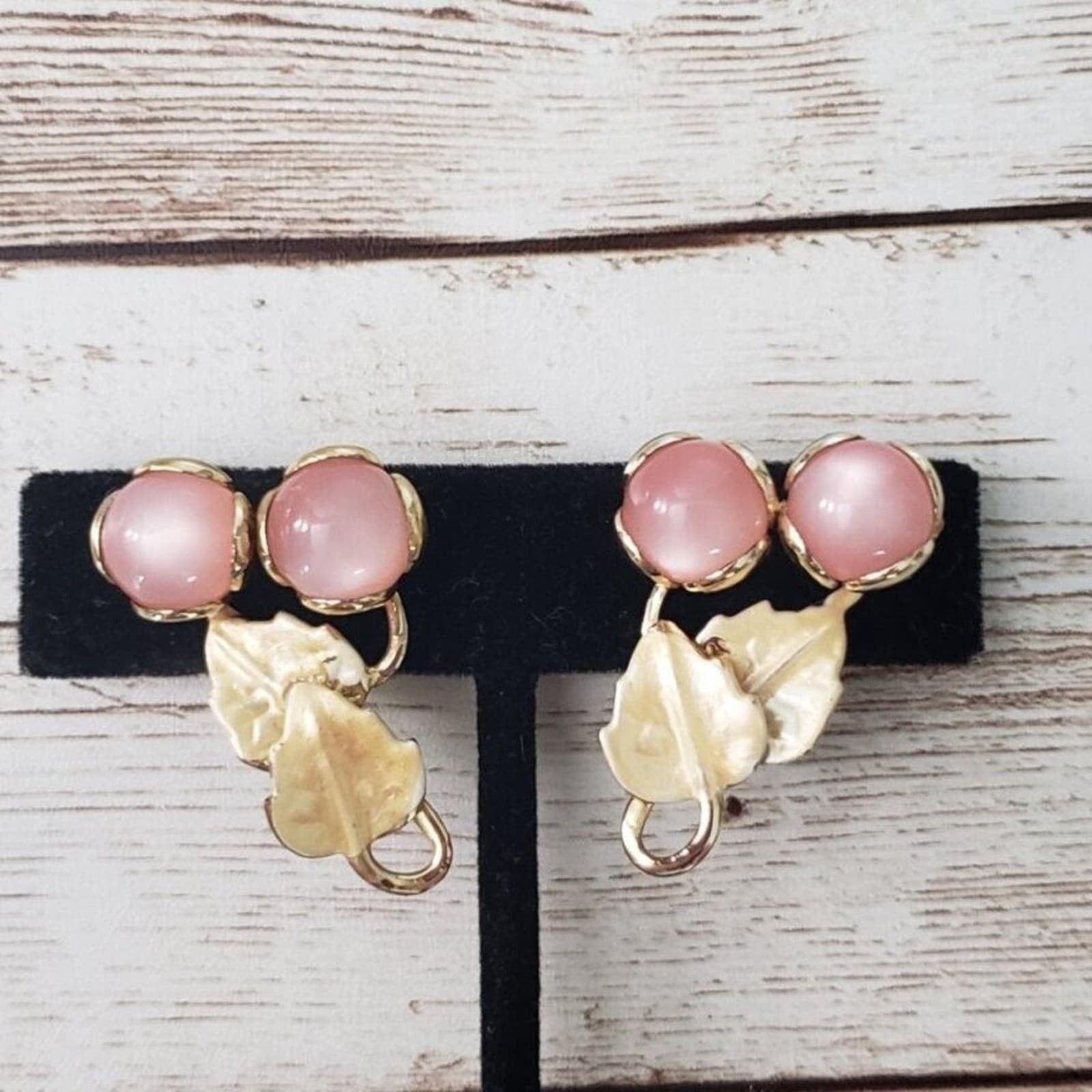 Vintage Clip On Earrings Large Pink & Gold Tone Leaves & Berries Design