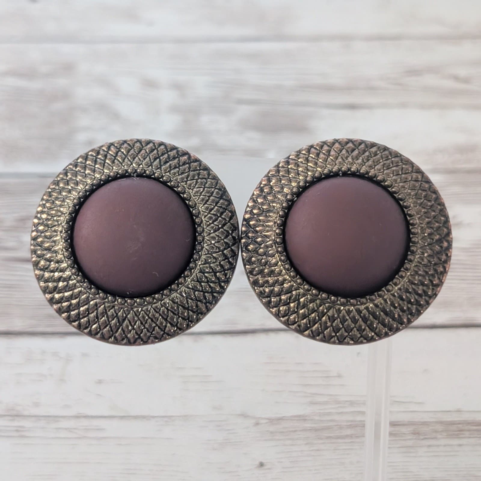 Vintage Clip On Earrings 1 & 5/8" Statement Burgundy & Dark Bronze Tone