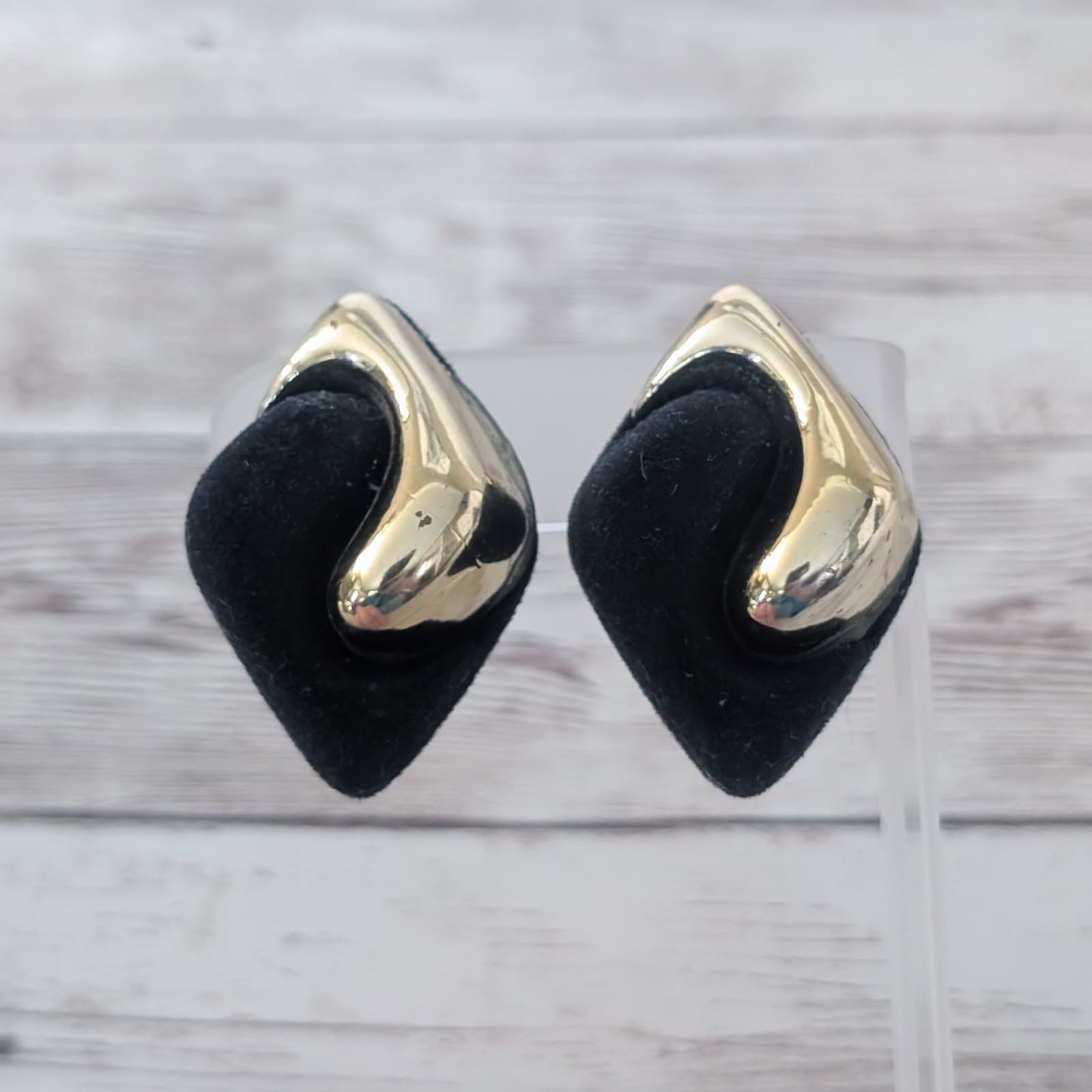 Vintage Clip On Earrings Extra Large Retro Statement Black & Gold Tone