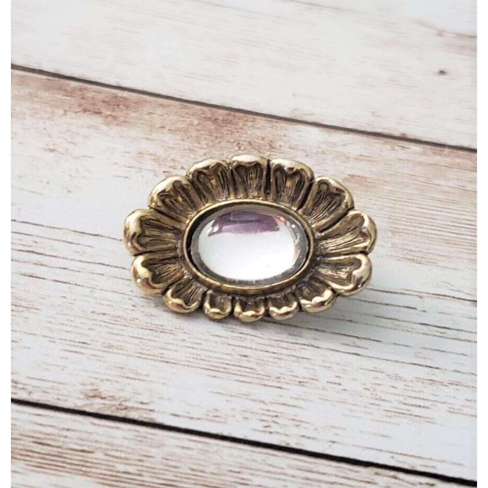 Vintage Brooch / Pin Ballou Reed Oval Shape Flower Clear Gem Antique Gold Tone
