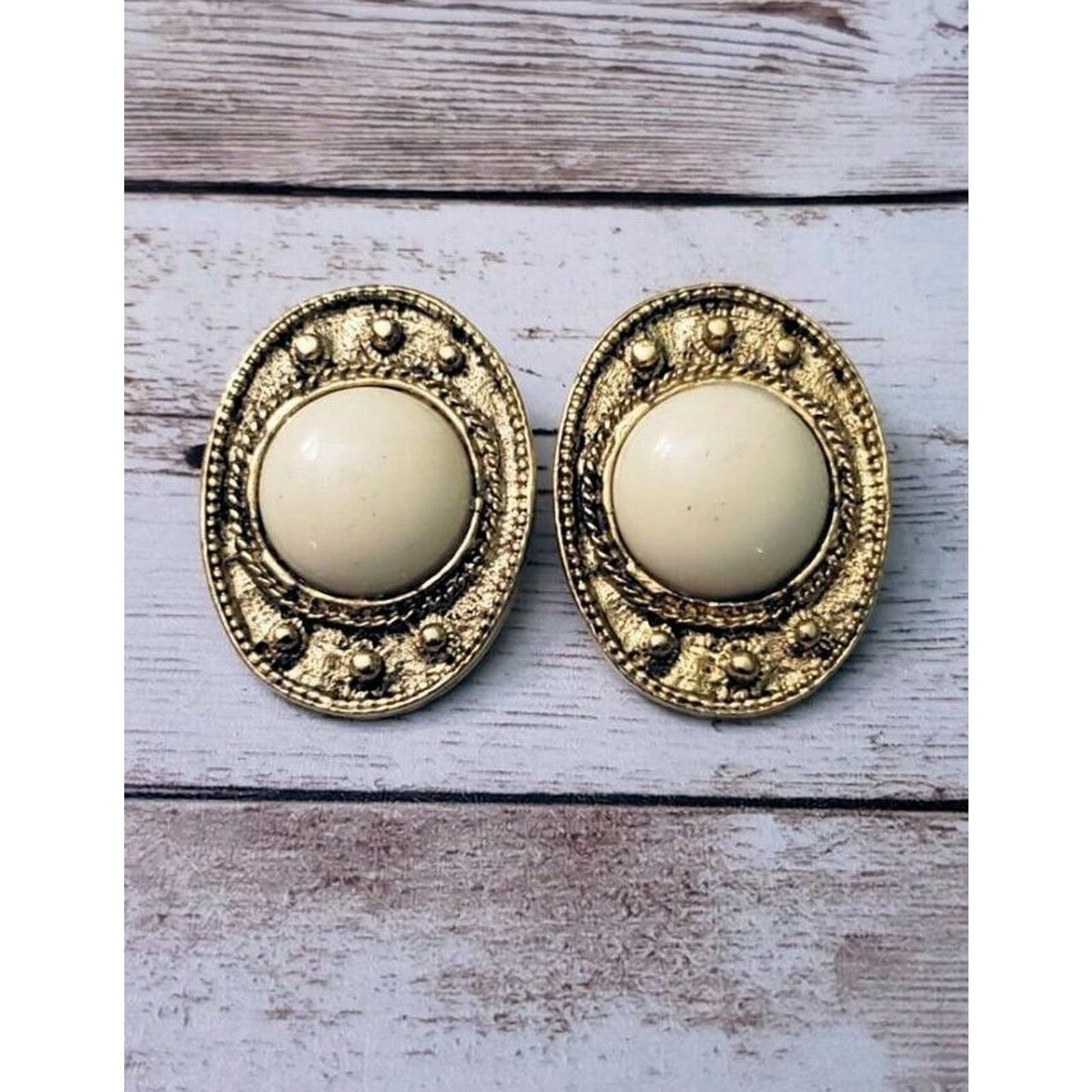 Vintage Clip On Earrings Statement Oval Shape Cream & Gold Tone Large