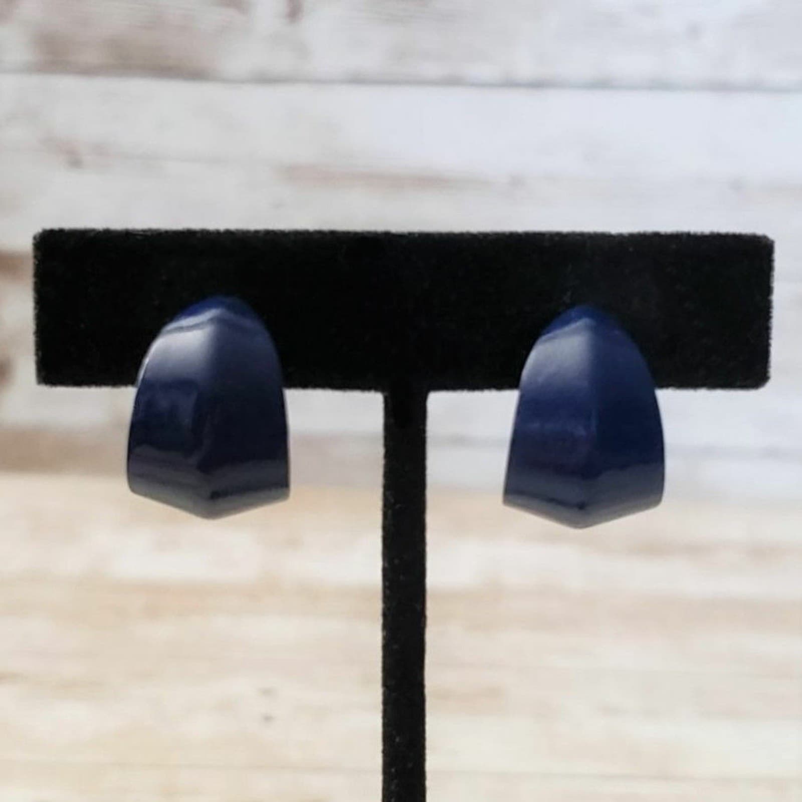 Vintage Clip On Earrings Blue Chunky Creased Hoops Statement Earrings