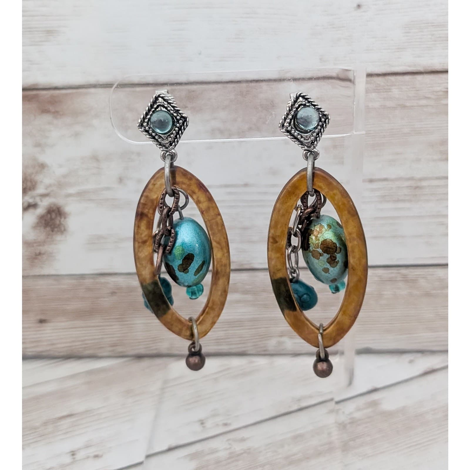 Vintage Clip On Earrings Blue, Brown, Silver Tone Large Statement Dangle