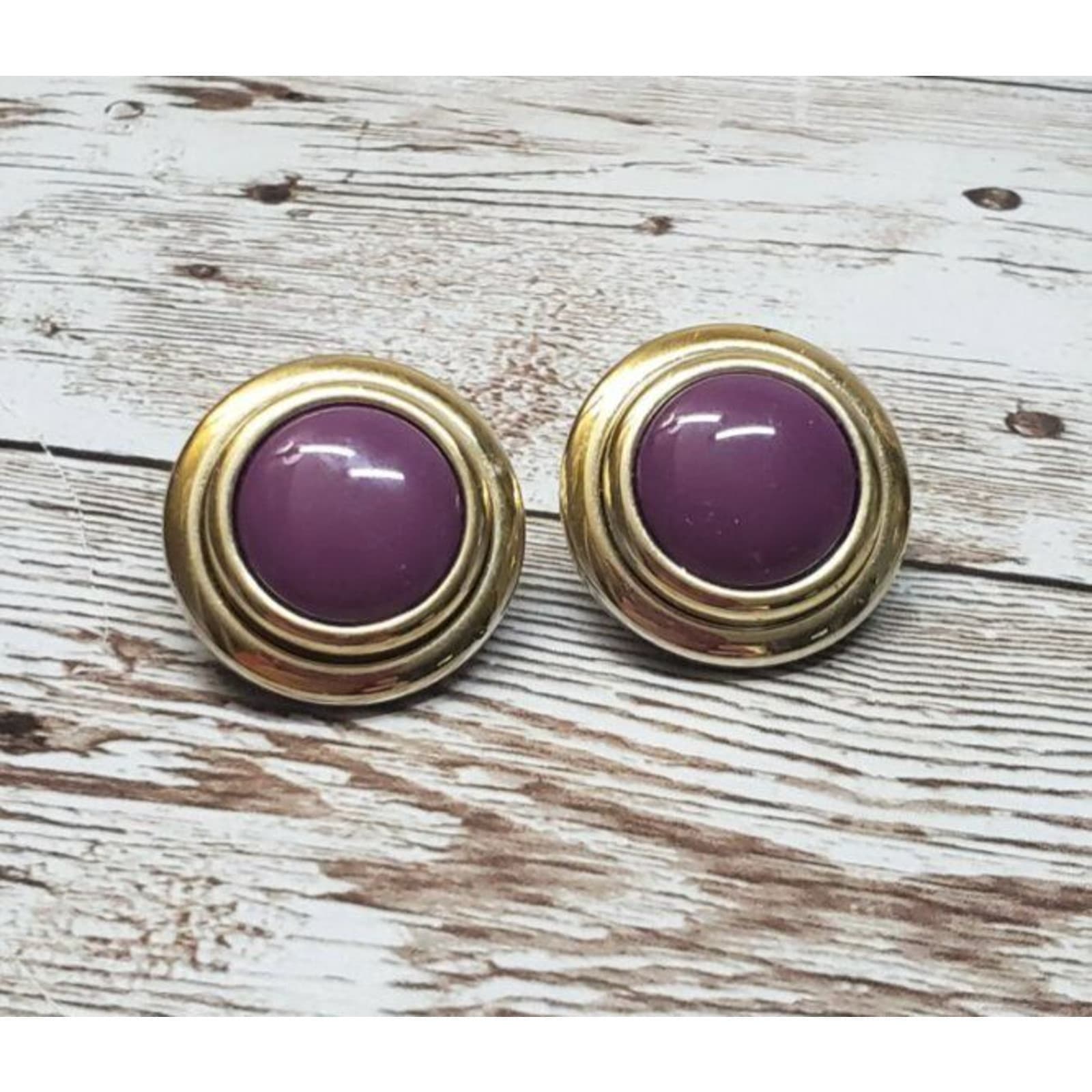 Vintage Clip On Earrings - Gold Tone Circle Earrings with Purple Center