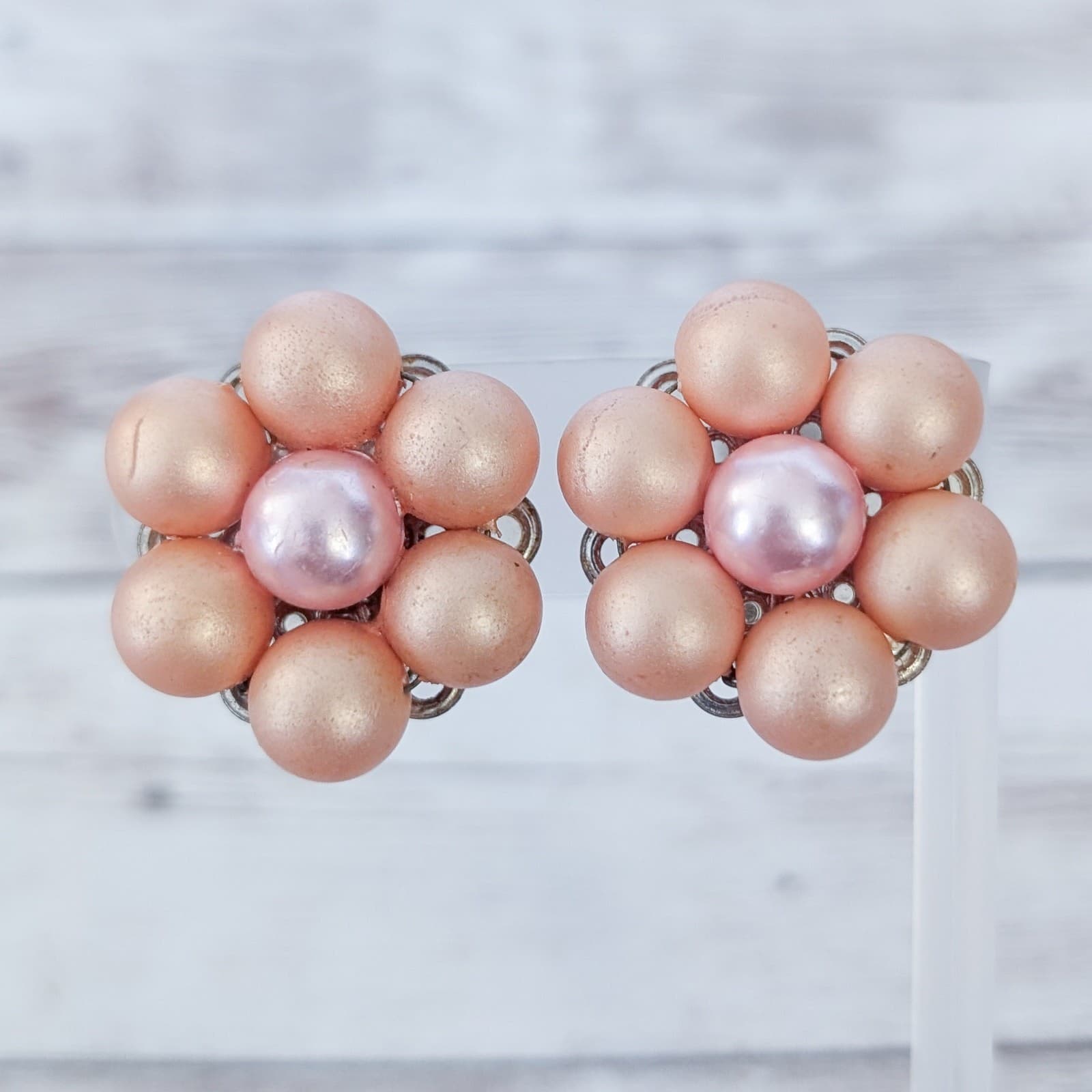 Vintage Clip On Earrings Peach & Pink Large Cluster
