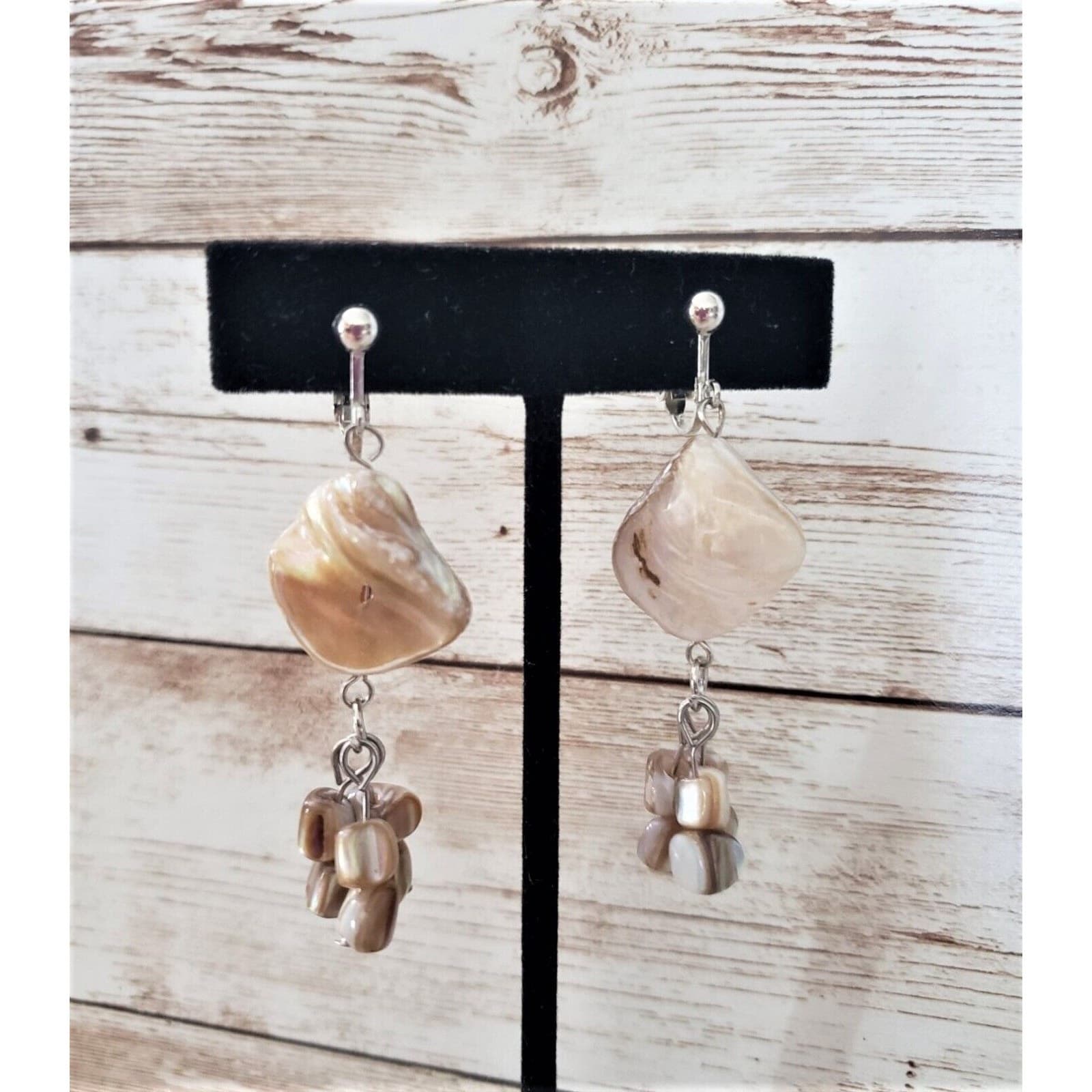 Vintage Clip On Earrings - Pretty Shell Dangle Beach Theme
