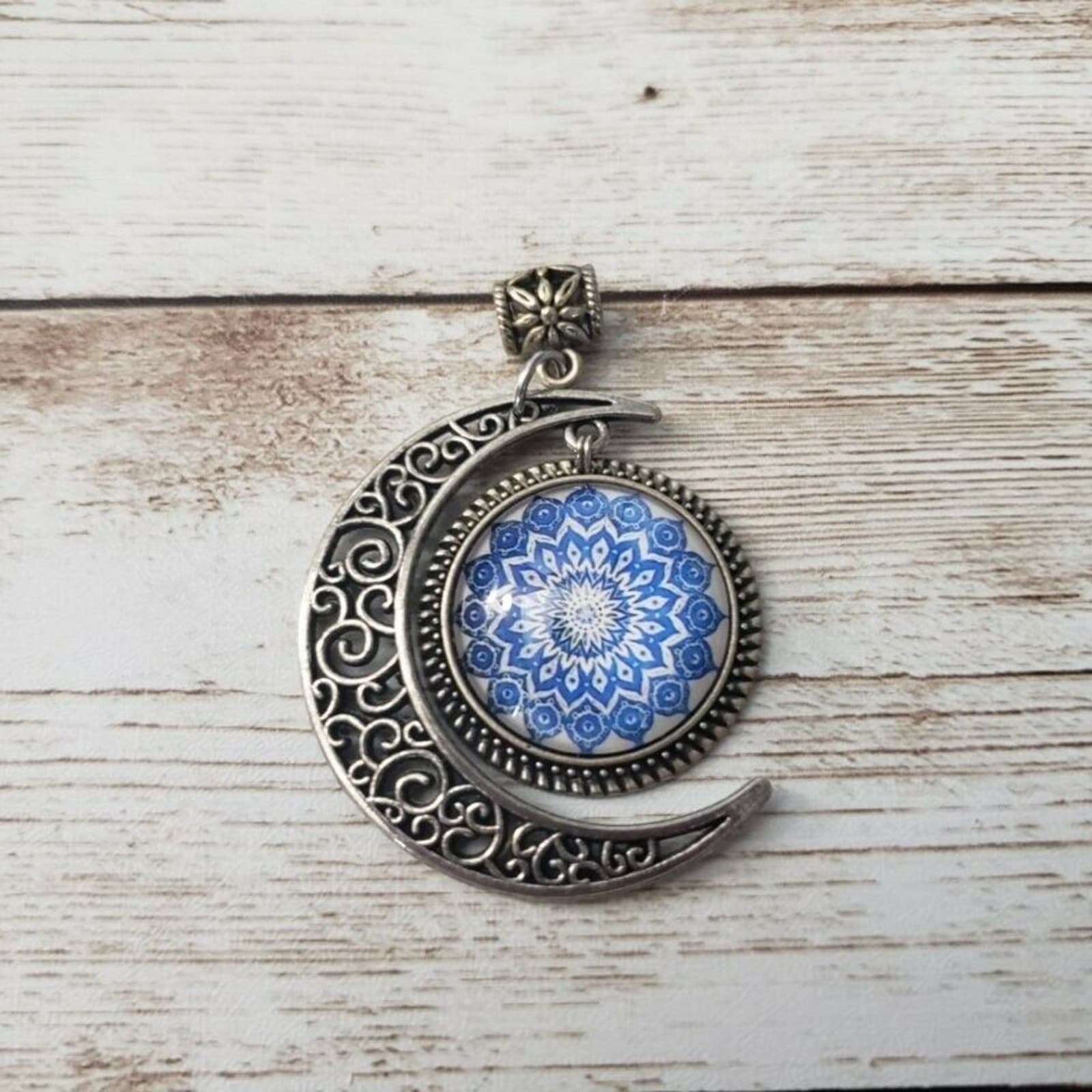 Large Moon Pendant with Blue Patterned Circle - No Chain Included