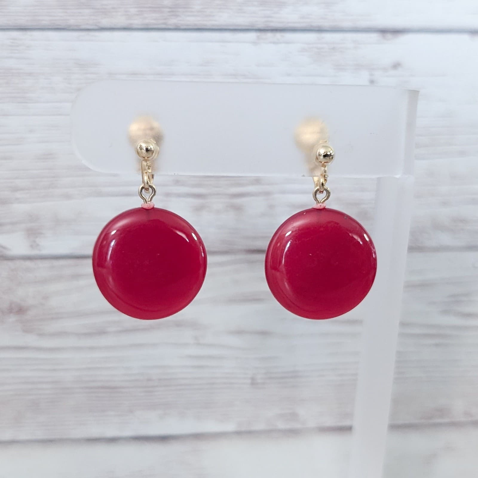 Vintage Clip On Earrings Red Circle Dangle