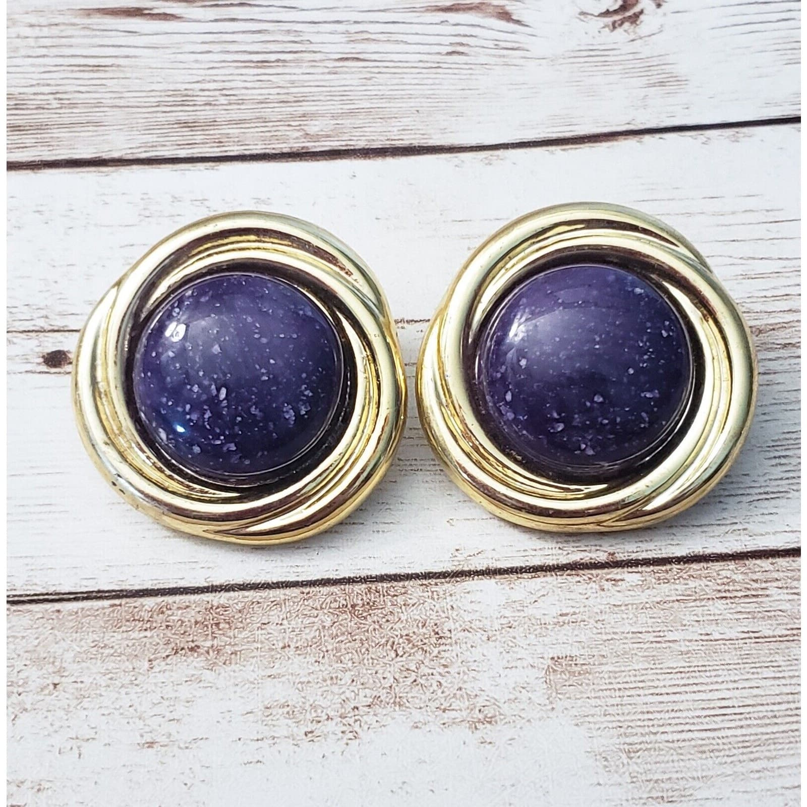 Vintage Clip On Earrings - Large Statement Midnight Like Center Gold Tone Halo