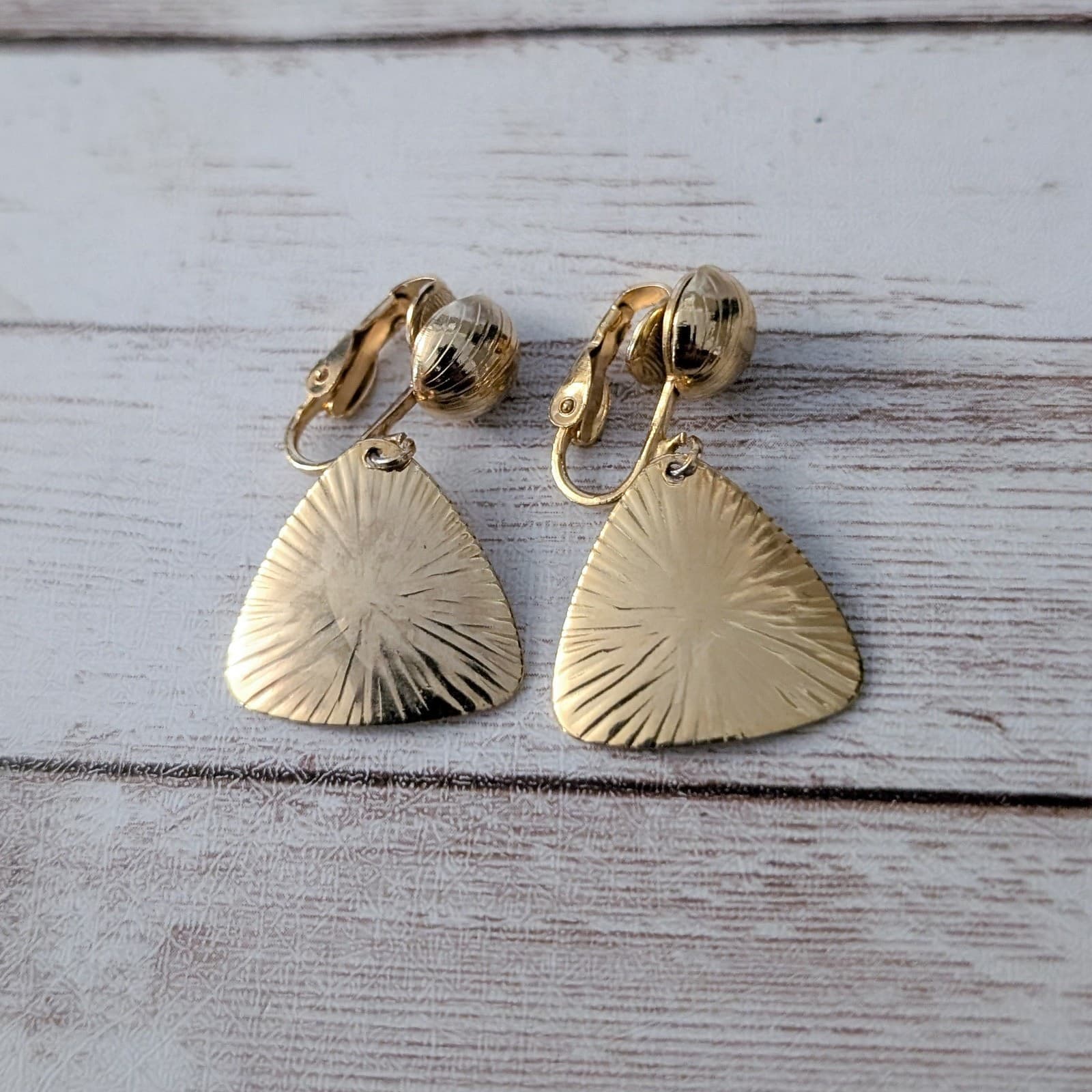 Vintage Clip On Earrings Gold Tone Triangular Dangle