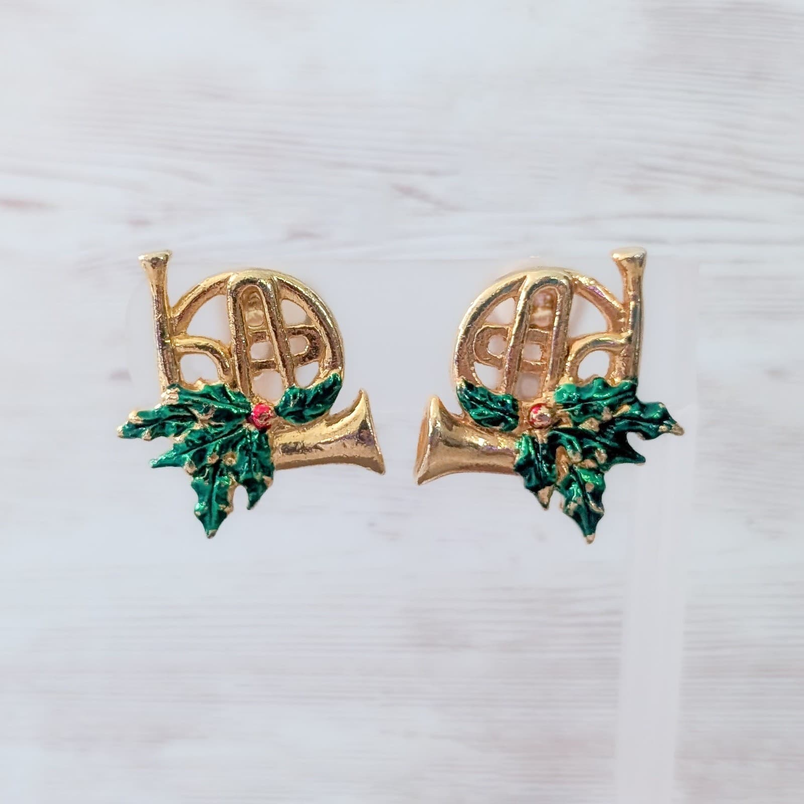 Vintage Clip On Earrings Christmas Earrings French Horn & Holly