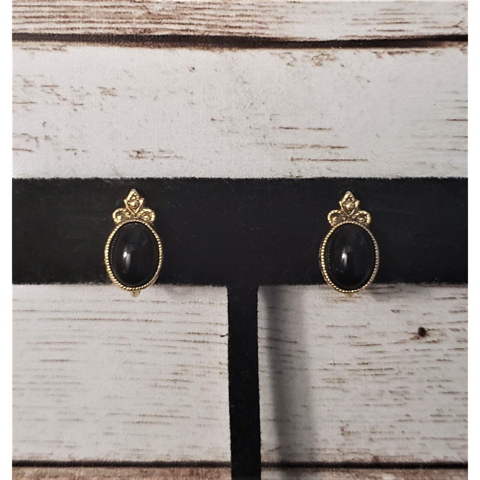 Vintage Clip On Earrings Dainty Black Oval with Ornate Gold Tone Halo