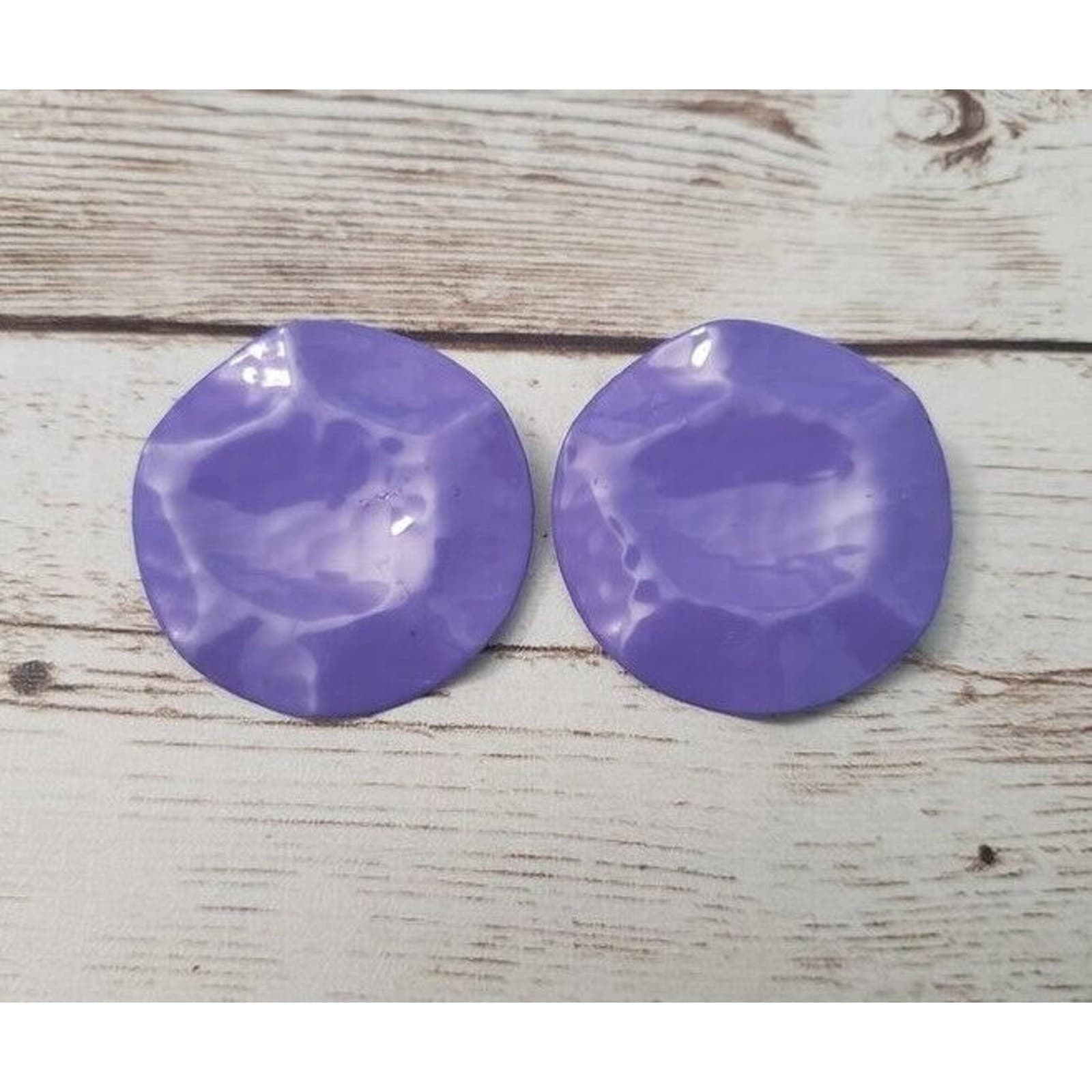 Vintage Clip On Earrings Hammered Design Purple Pushed In Circle Retro