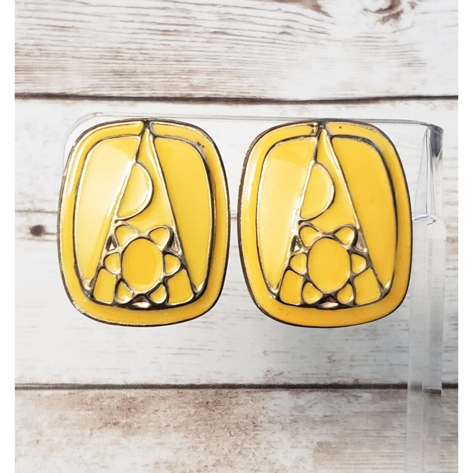 Vintage Clip On Earrings - Yellow Geometric Style 1.25"