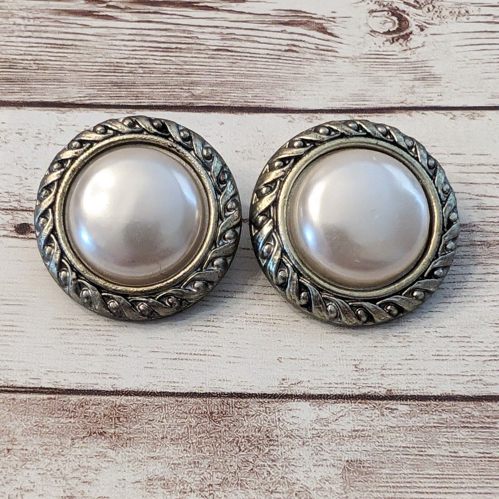 Vintage Clip On Earrings - 1 & 3/8" Faux Pearl with Halo