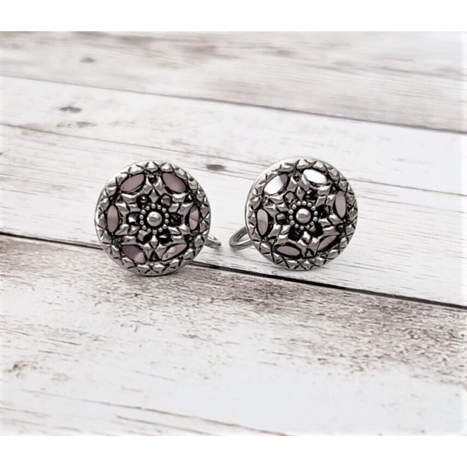Vintage Screw On Earrings - Silver Tone Snowflake with Halo