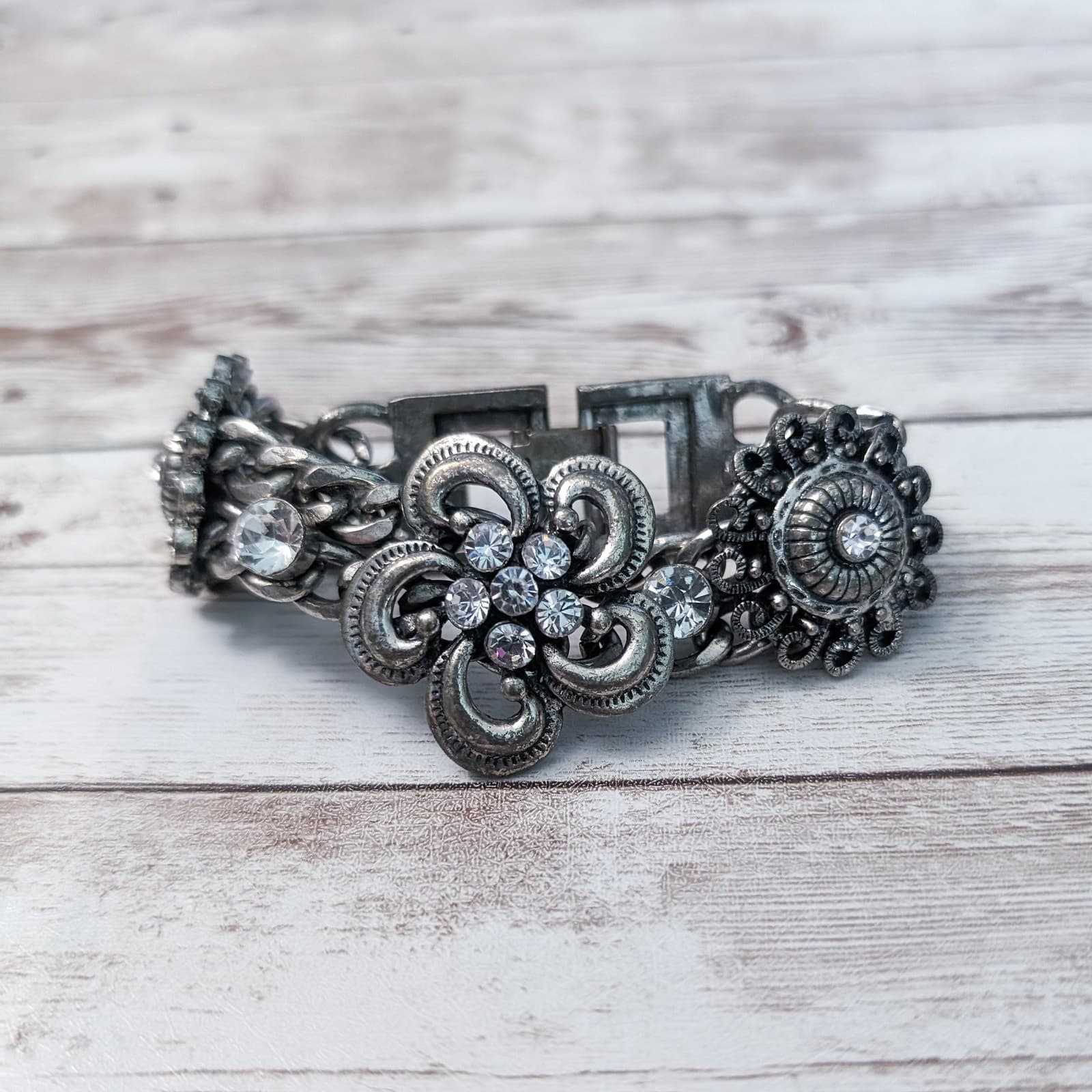 Vintage Bracelet - Clasp Bracelet Chunky Silver & Clear Gem
