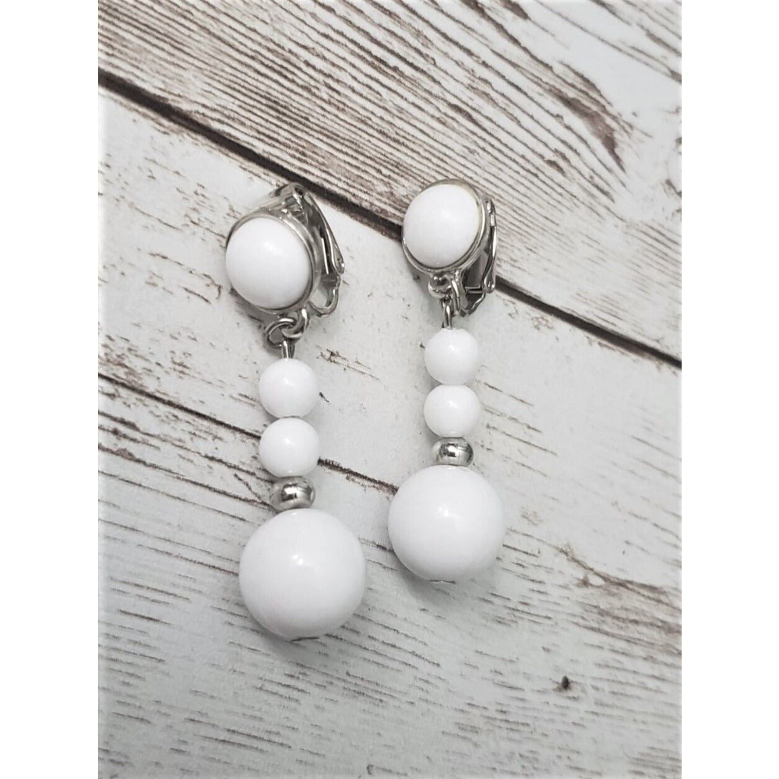 Vintage Clip On Earrings - White Multi Ball Drop Earrings Statement