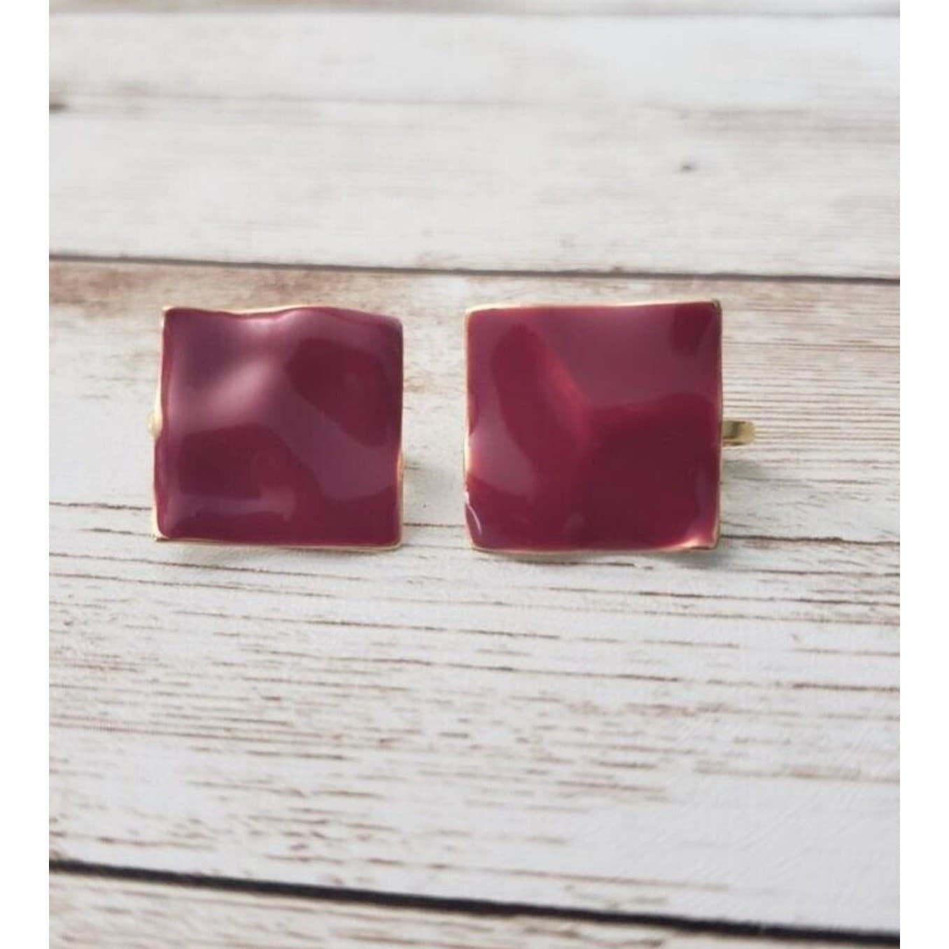 Vintage Clip On Earrings - Dark Red Wavy Square 5/8"