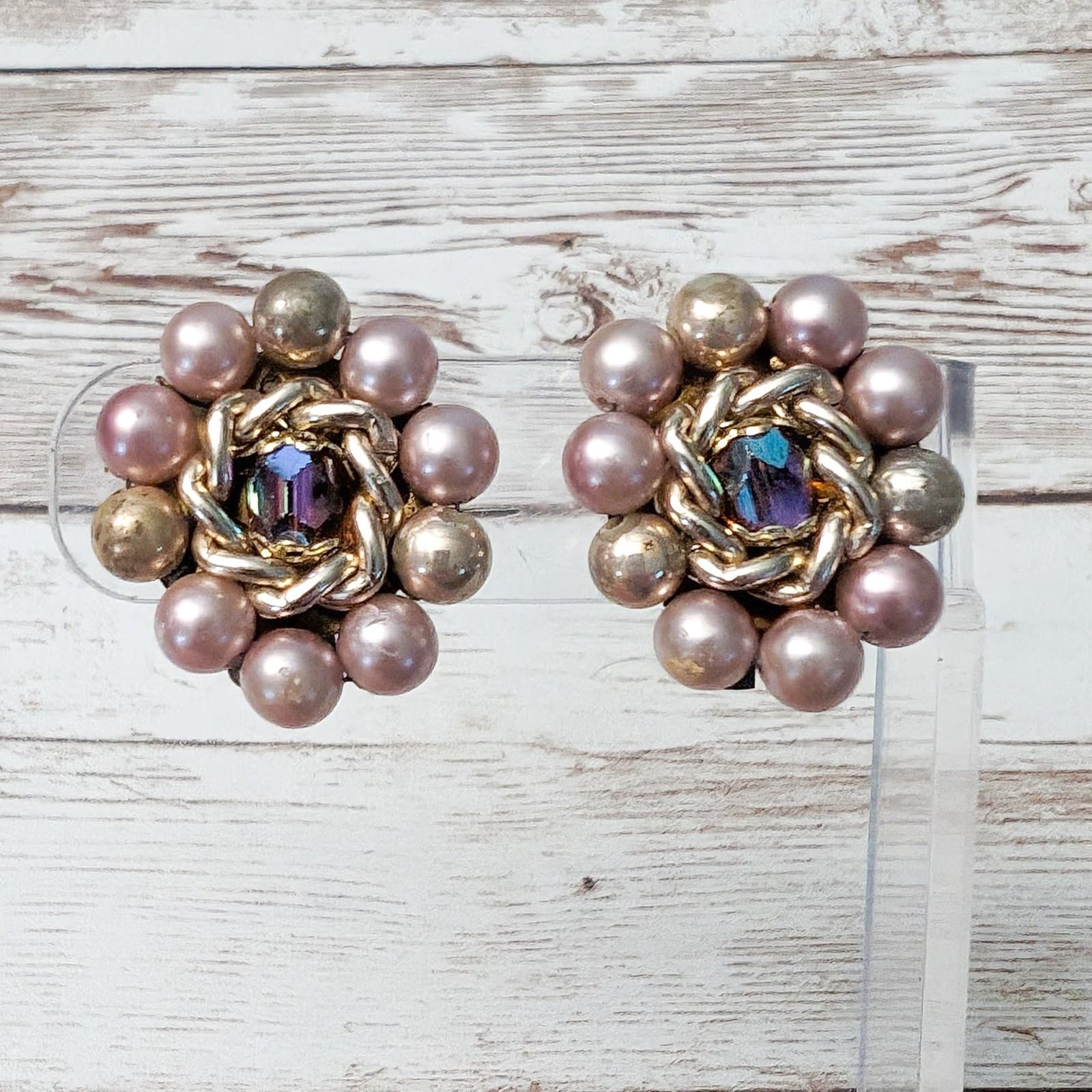 Vintage Clip On Earrings - Dusky Pink, Iridescent Bead & Gold Tone